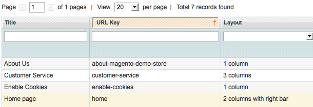 La homepage dans la liste des pages CMS en admin La Homepage dans les pages CMS